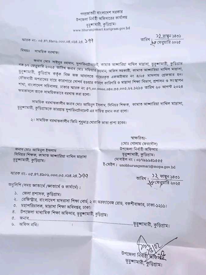 ভূরুঙ্গামারী কামাত আঙ্গারিয়া দাখিল মাদ্রাসার সুপার সাইদুর রহমানকে সাময়িক বরখাস্ত 