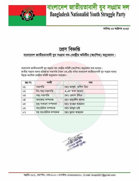 যুব সংগ্রাম দলের কেন্দ্রীয় কমিটি ঘোষণা সভাপতি আঃ জলিল ও সাধারণ সম্পাদক জাহাঙ্গীর আলম