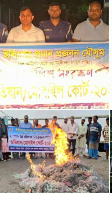 চরভদ্রাসনে মা ইলিশ সংরক্ষণ অভিযানে দেড় হাজারের অধিক কারেন্টজাল জব্দ 